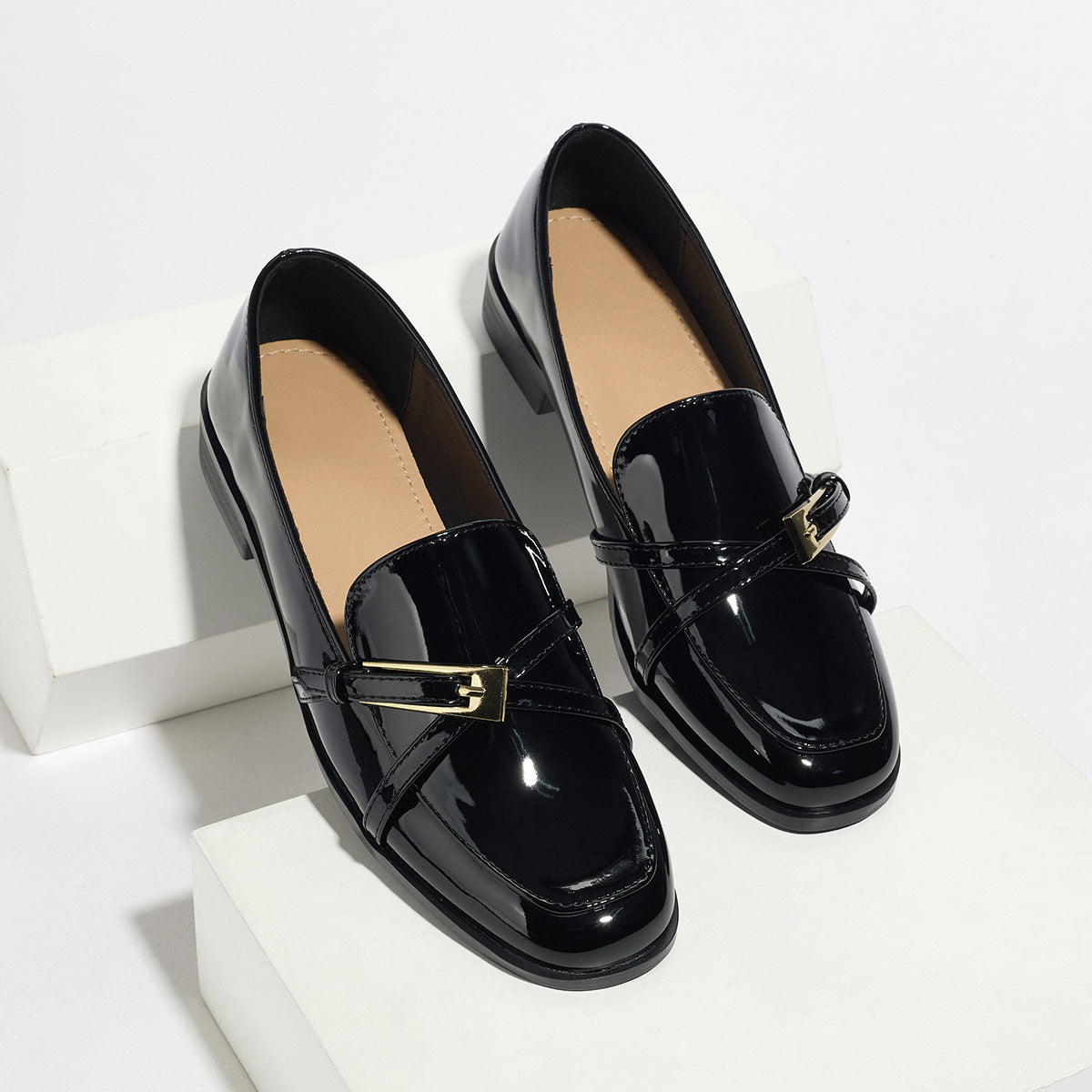 Patent Leather Low Heel Square Toe Loafers Women’s Slip-On Flats