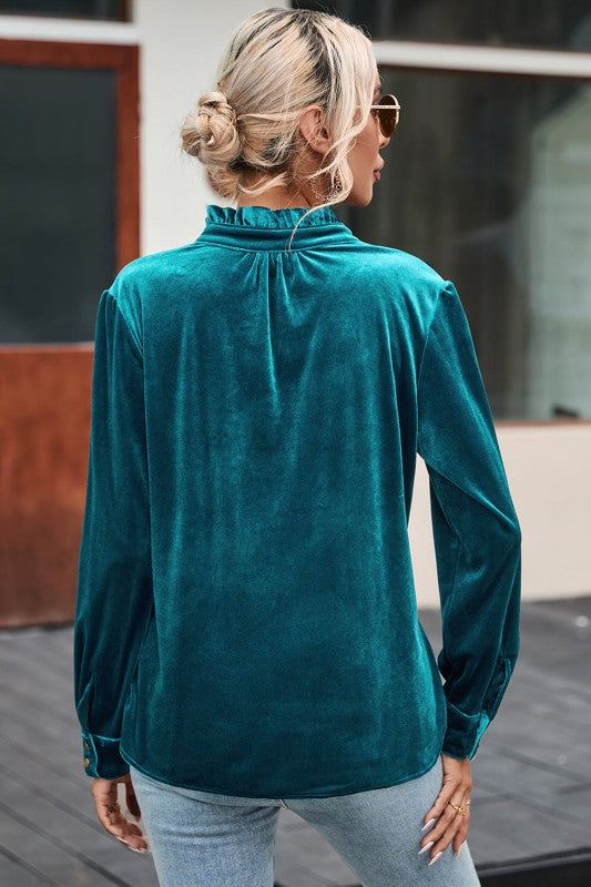 Velvet Frilled Neck Buttoned Top