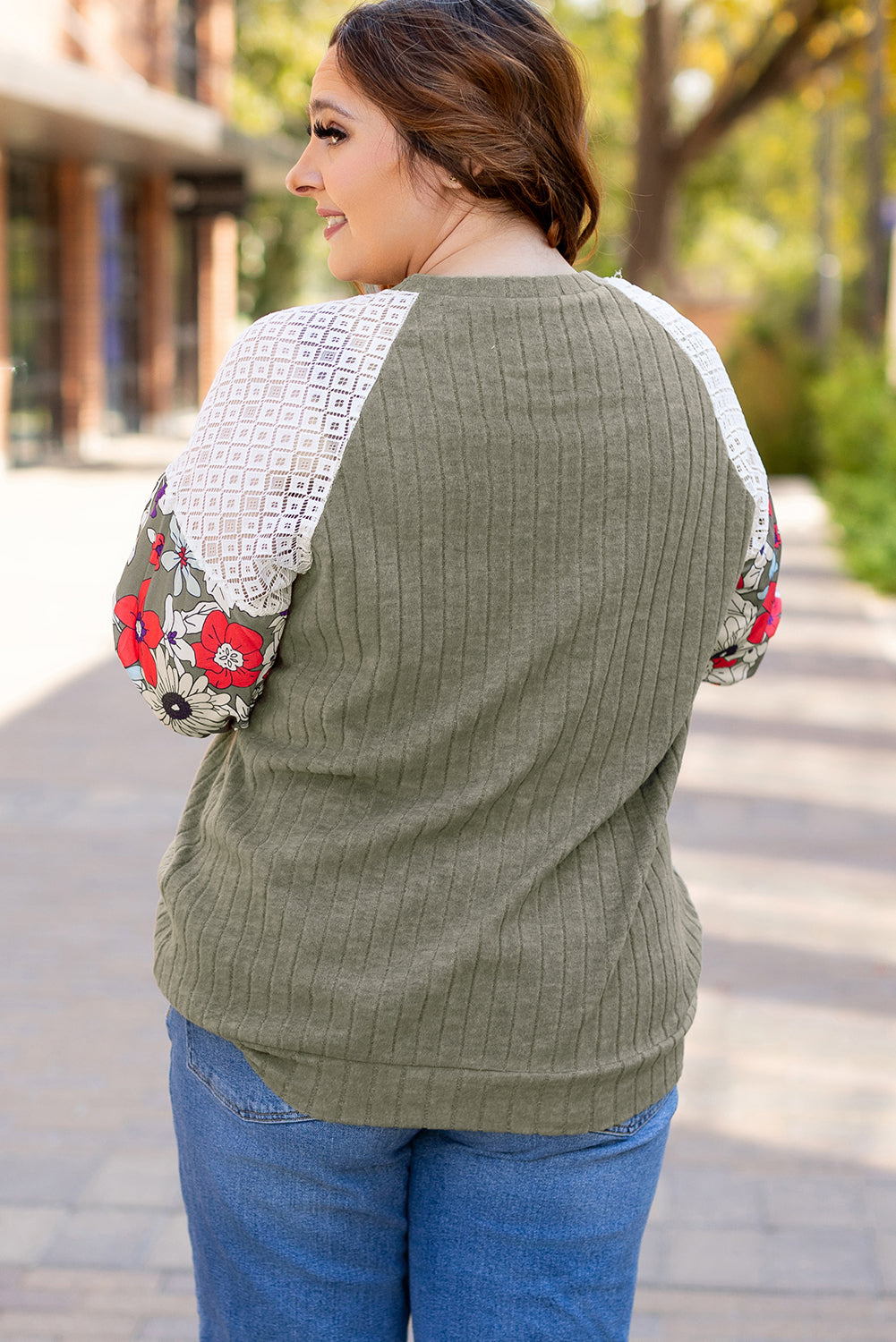 Plus Size Textured Floral Patchwork Raglan Sleeve Top Vineyard Green