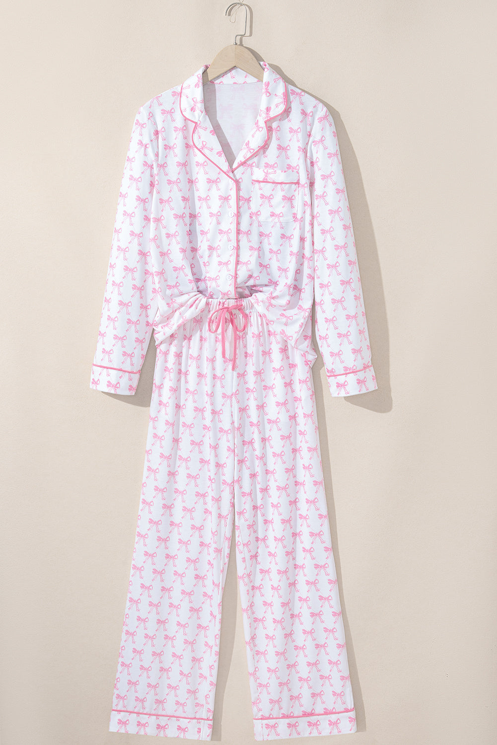 Sky Blue Bow Print Soft Pajama Set Long Sleeve Shirt and Pants