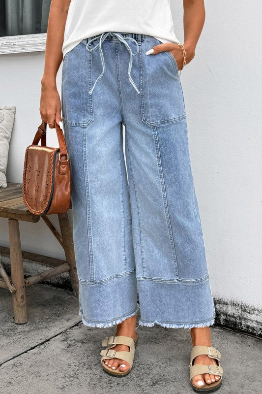 Denim Raw Hem Drawstring Wide Leg Pants