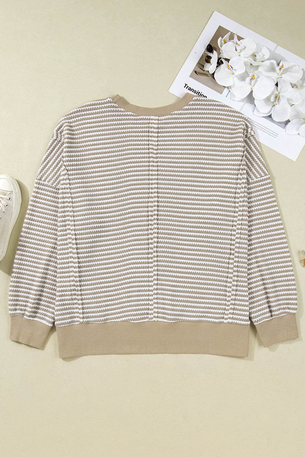 Brown Stripe Ribbed Trim Drop Shoulder Long Sleeve Oversized Top Plus Size