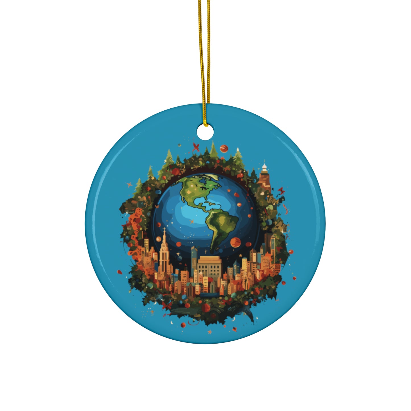 Earth in Christmas decorations and a big Christmas tree, Turquoise Ceramic Ornaments (1pc, 3pcs, 5pcs, 10pcs)