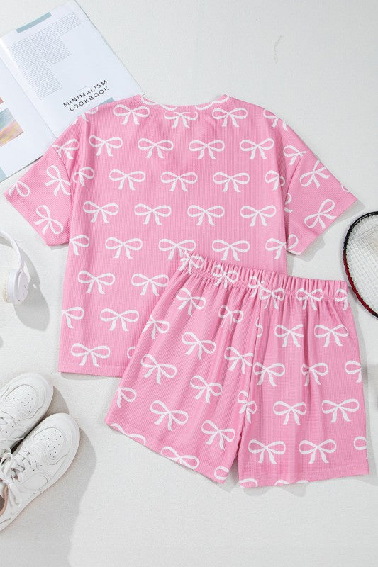 Bow Waffle Knit Lounge Set with Bowknot Detail T-Shirt and Shorts
