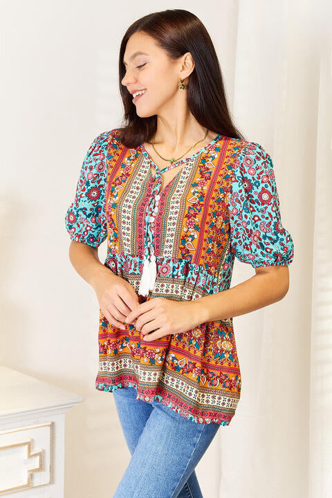 Bohemian Tassel Tie Puff Sleeve Babydoll Blouse Double Take