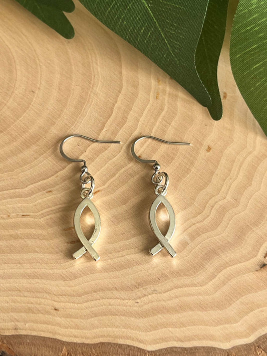 Silver Jesus Fish Earrings - Handmade Christian Jewelry Gift