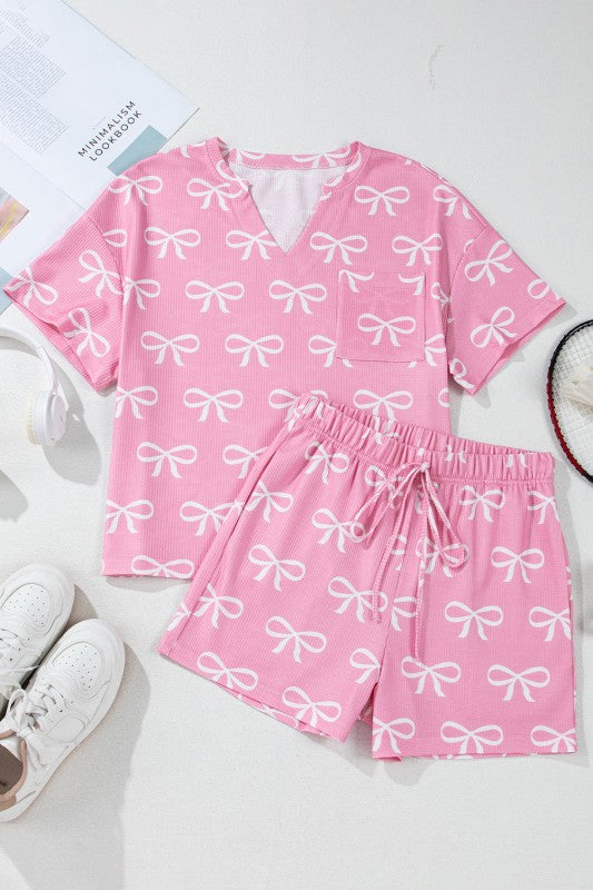 Bow Waffle Knit Lounge Set with Bowknot Detail T-Shirt and Shorts