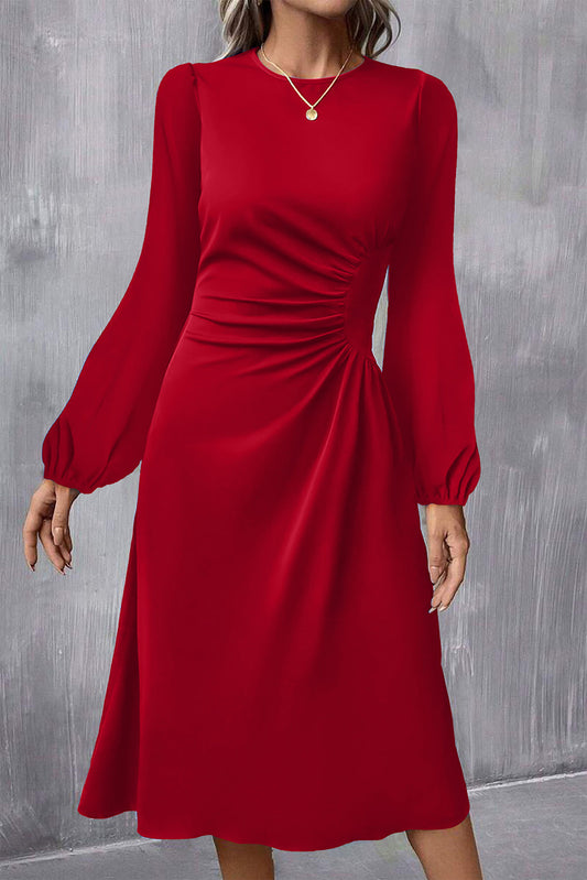Fiery Red Ruched Detail Long Sleeve Midi Dress