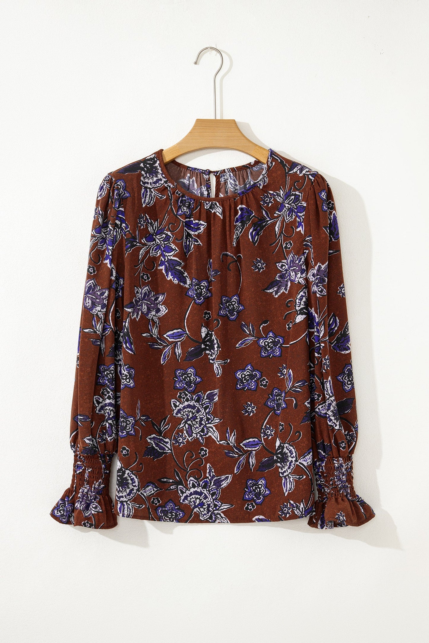 Brown Autumn Floral Print Smocked Cuffs Shift Blouse