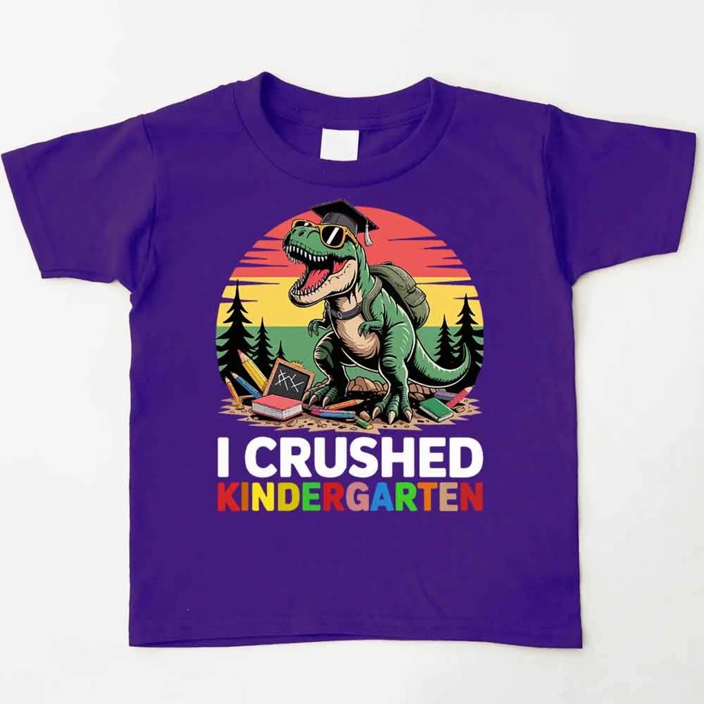 I Crushed Kindergarten T-Rex Dinosaur Graduation T-Shirt for Kids