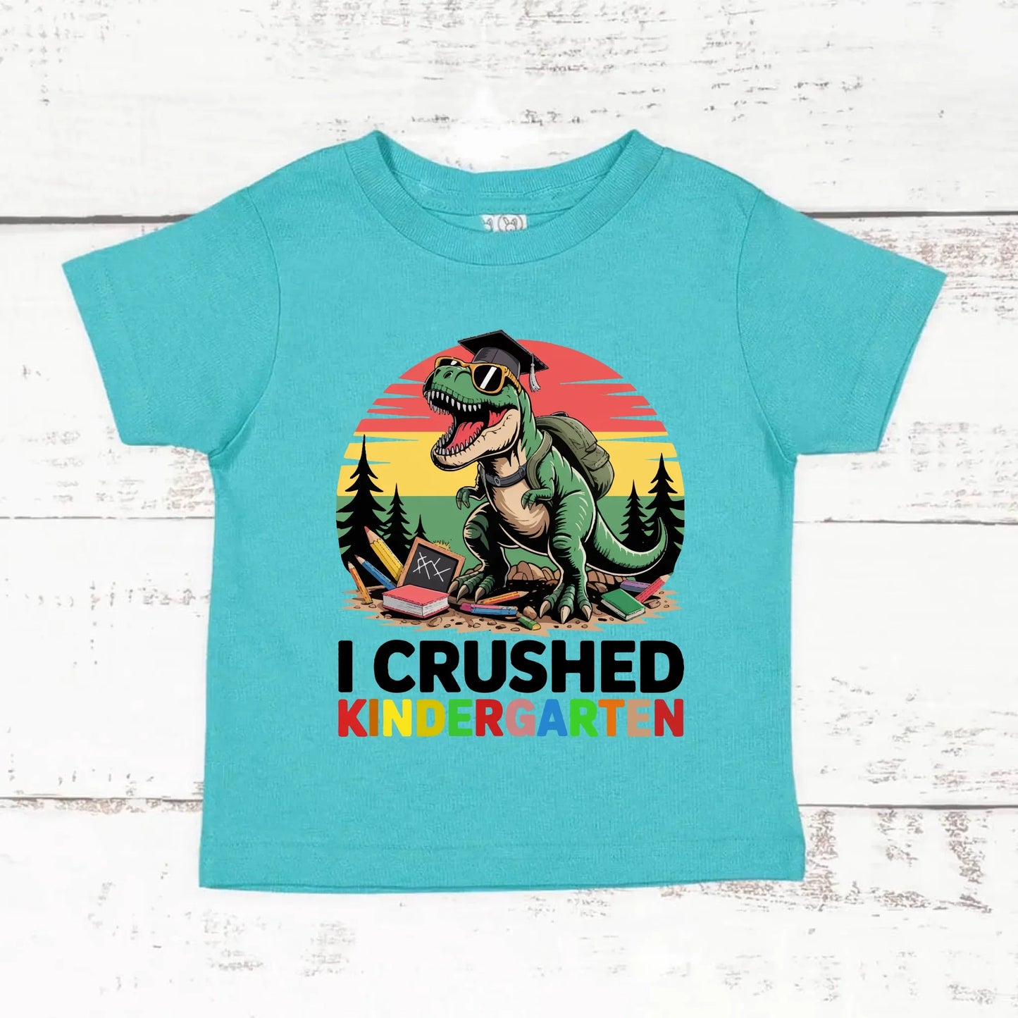I Crushed Kindergarten T-Rex Dinosaur Graduation T-Shirt for Kids