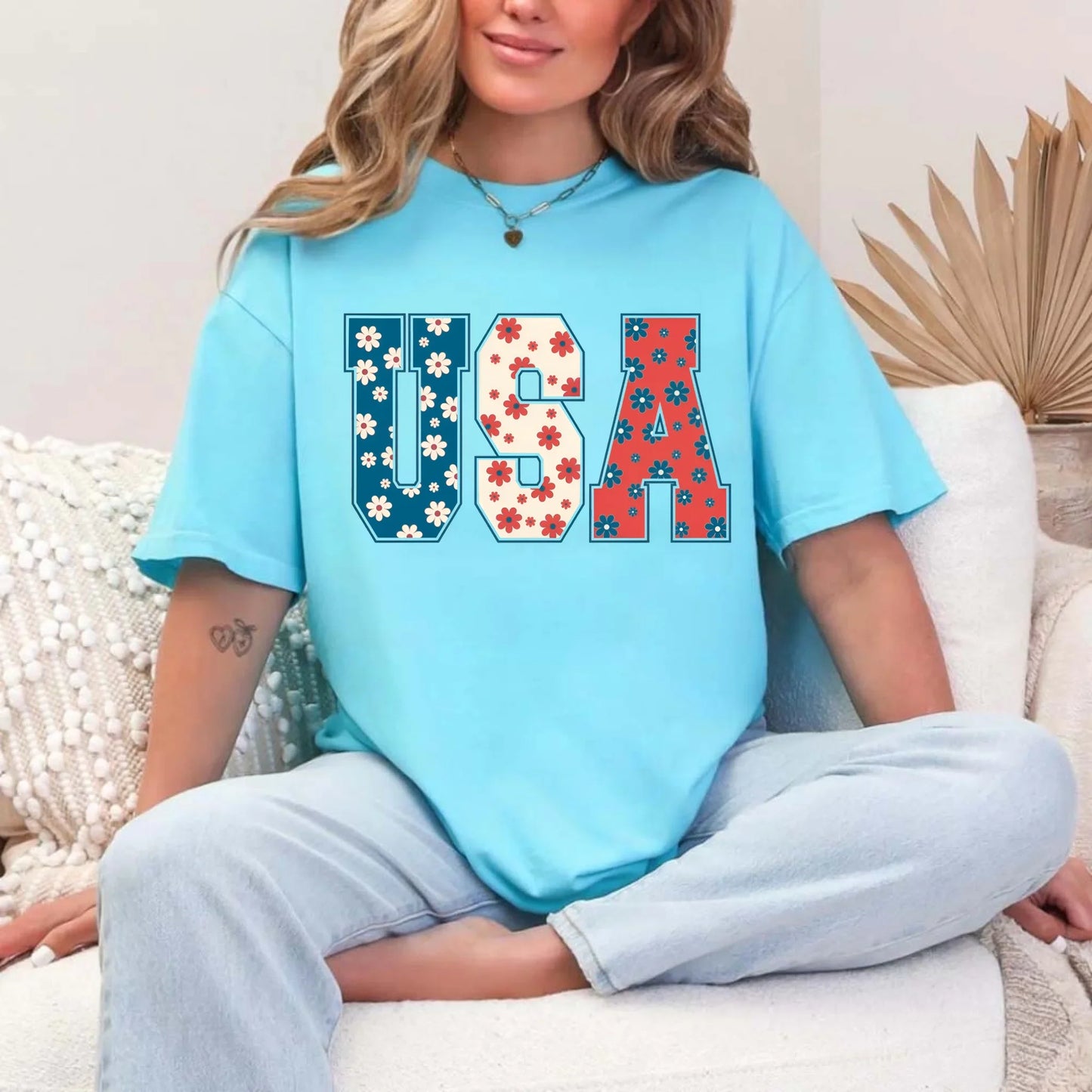 USA Floral T-Shirt - Independence Day Flowers Tees