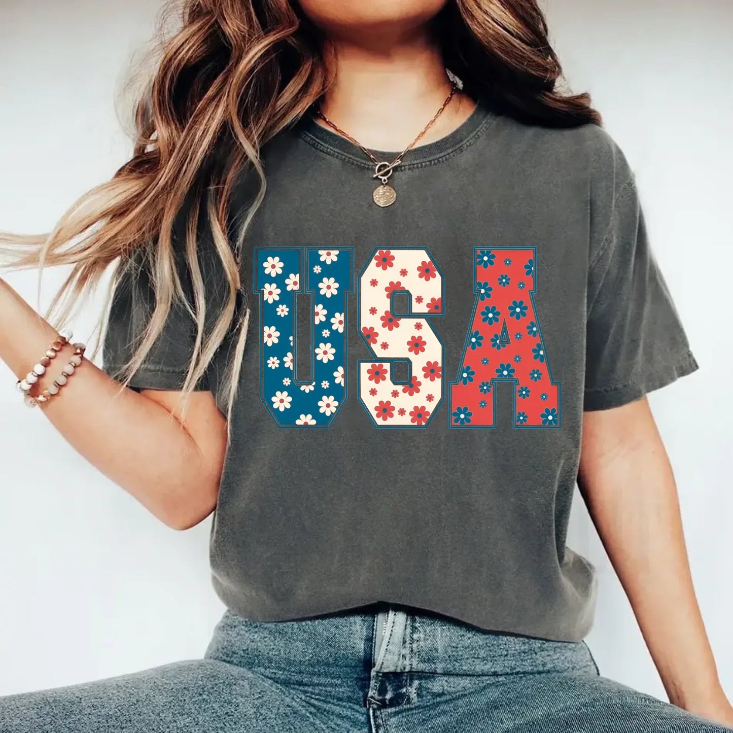 USA Floral T-Shirt - Independence Day Flowers Tees