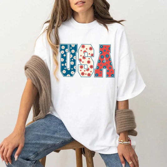 USA Floral T-Shirt - Independence Day Flowers Tees