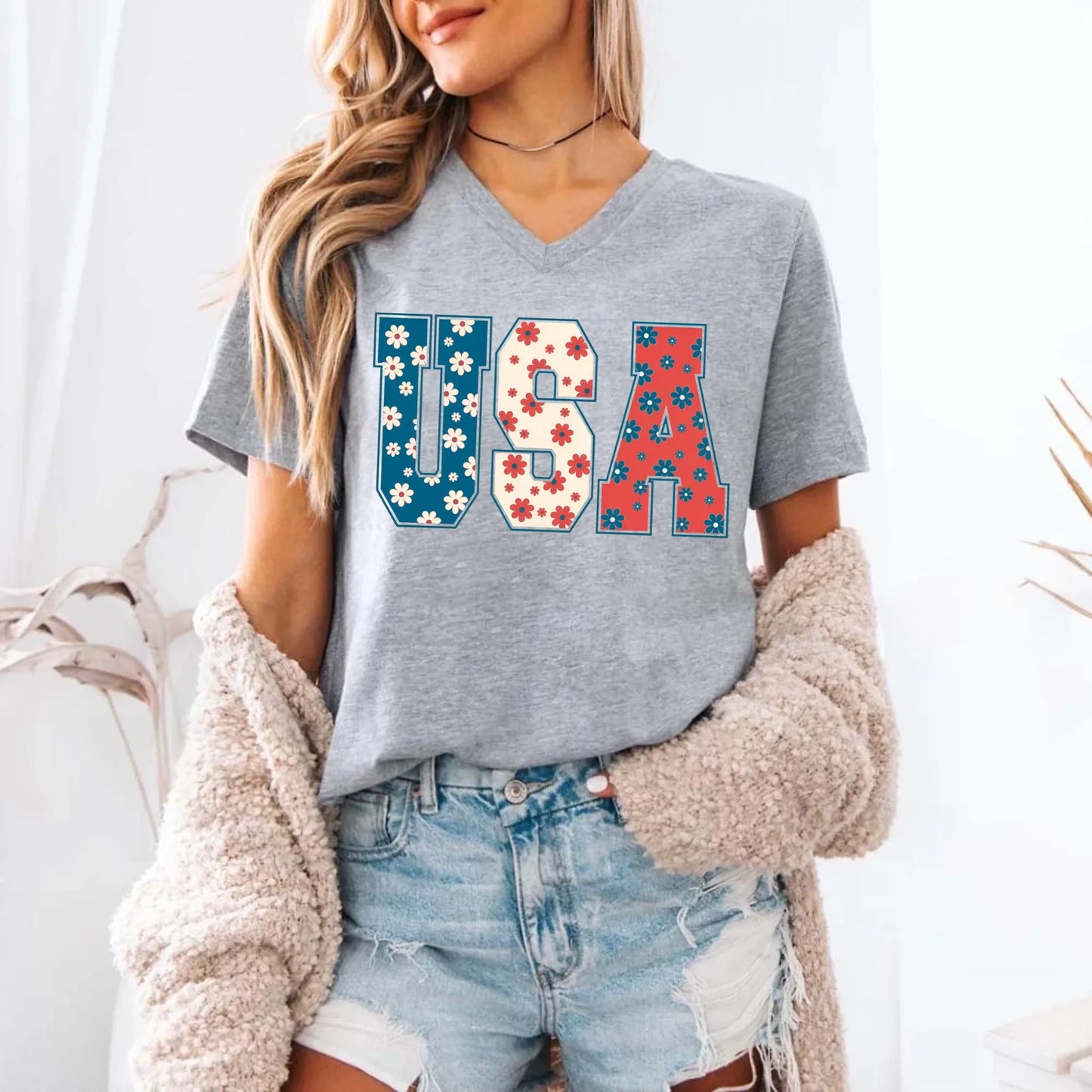 USA Floral T-Shirt - Independence Day Flowers Tees