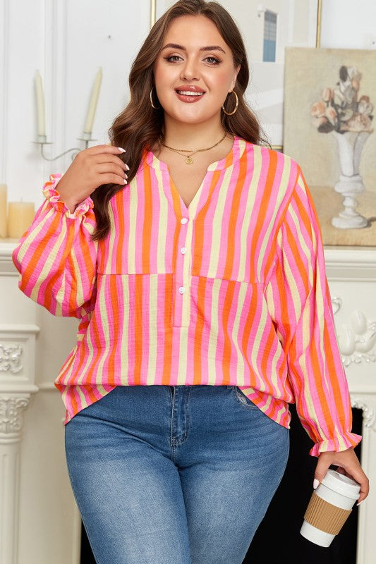 Plus Size Crinkled Half-Button Blouse Stripe