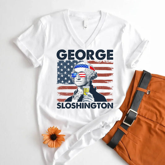 George Sloshington 4th of July Unisex V-Neck Shirt Washington Drinking Party Tee