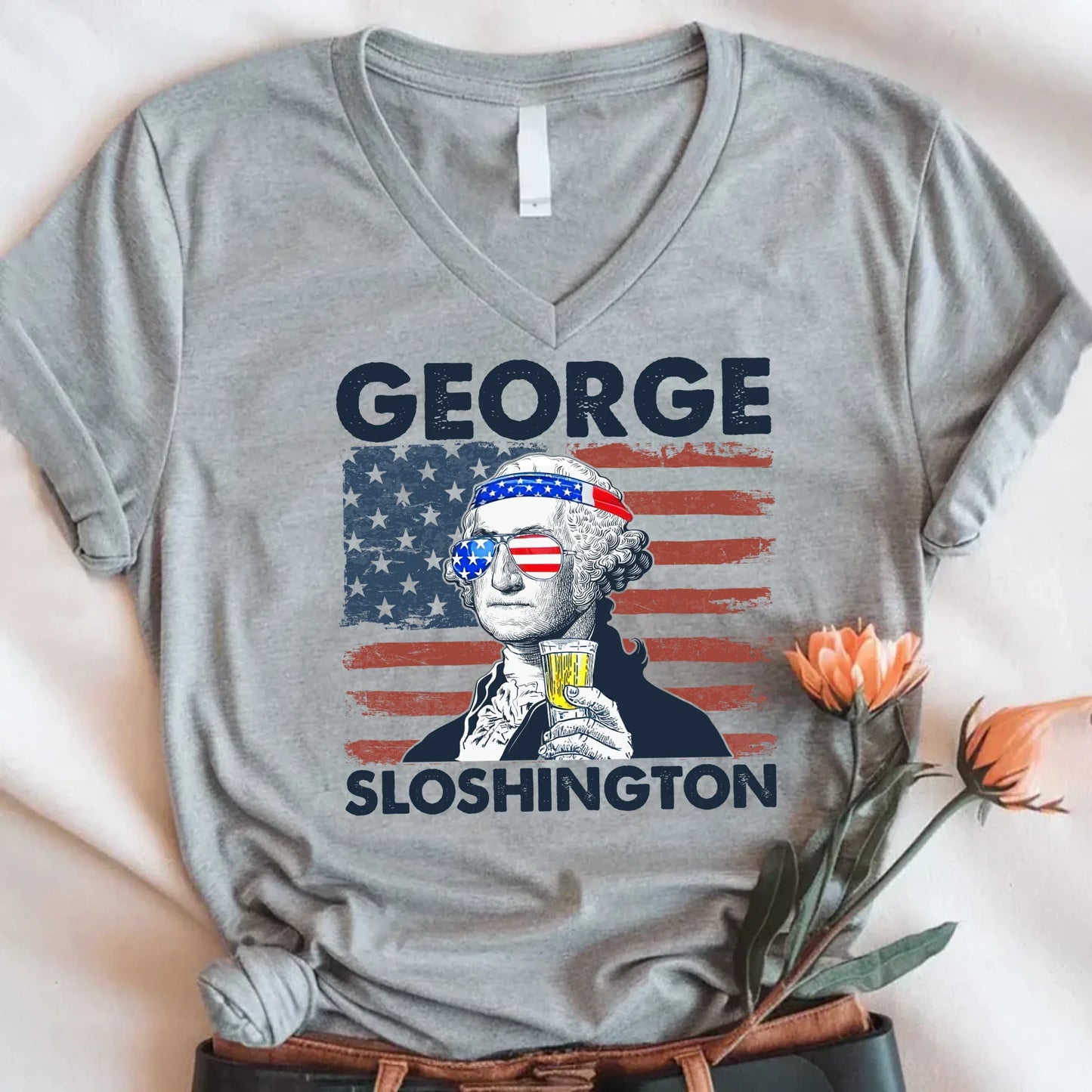 George Sloshington 4th of July Unisex V-Neck Shirt Washington Drinking Party Tee
