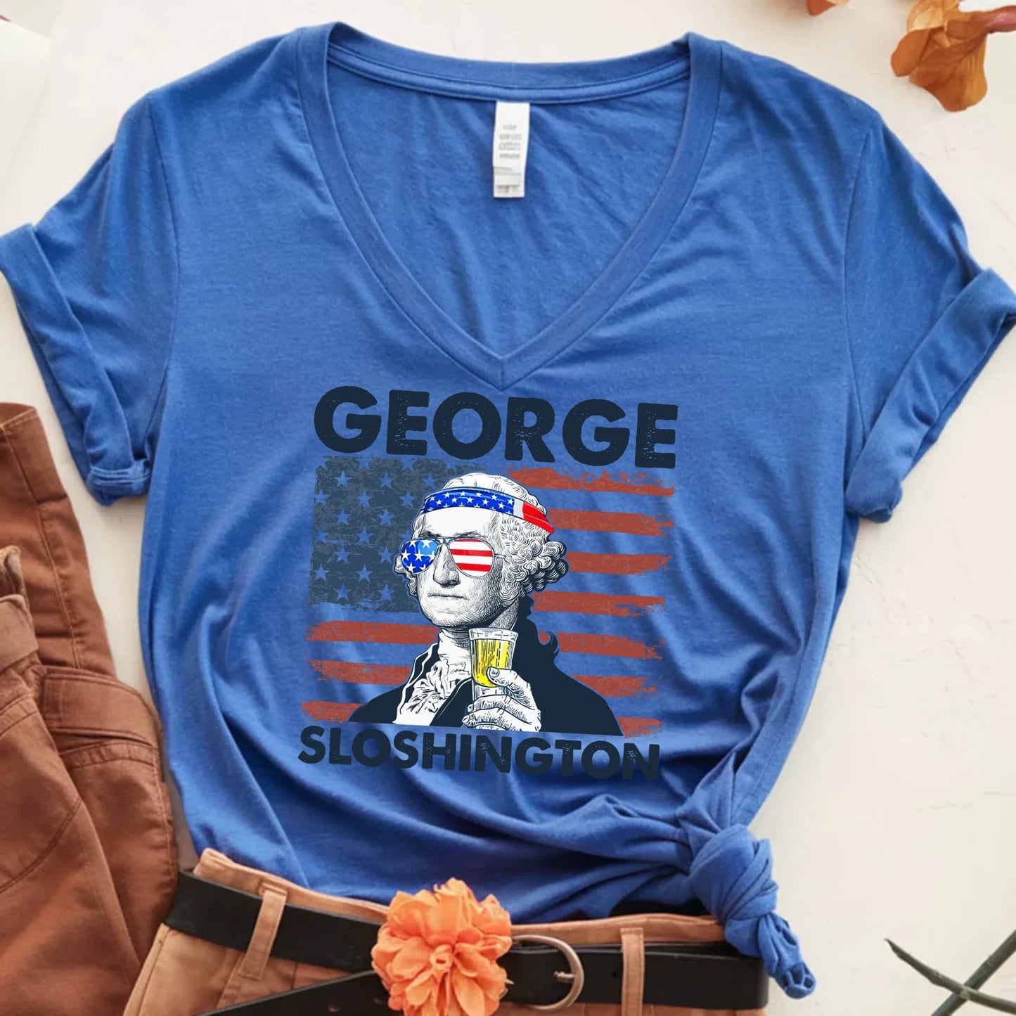 George Sloshington 4th of July Unisex V-Neck Shirt Washington Drinking Party Tee