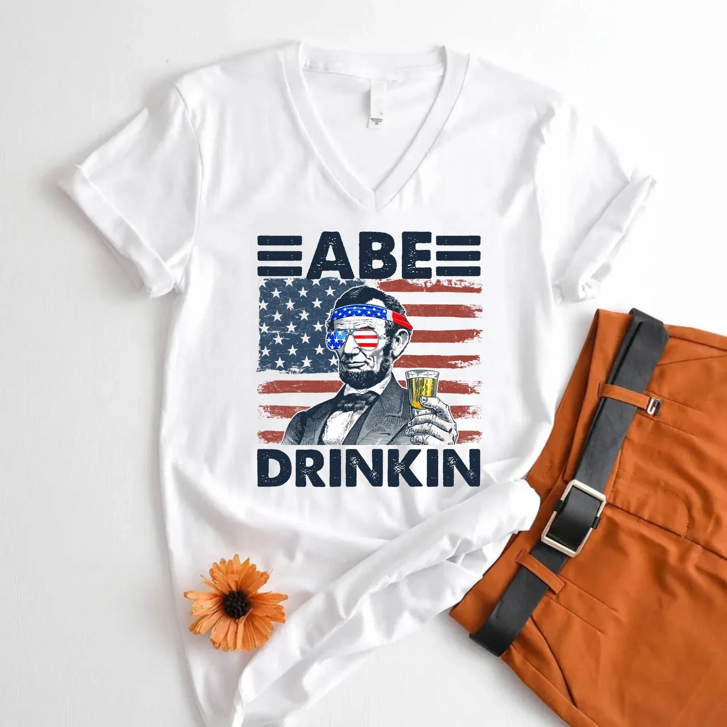 Abe Drinkin 4th of July Patriotic Unisex V-Neck Shirt Abraham Lincoln Tee