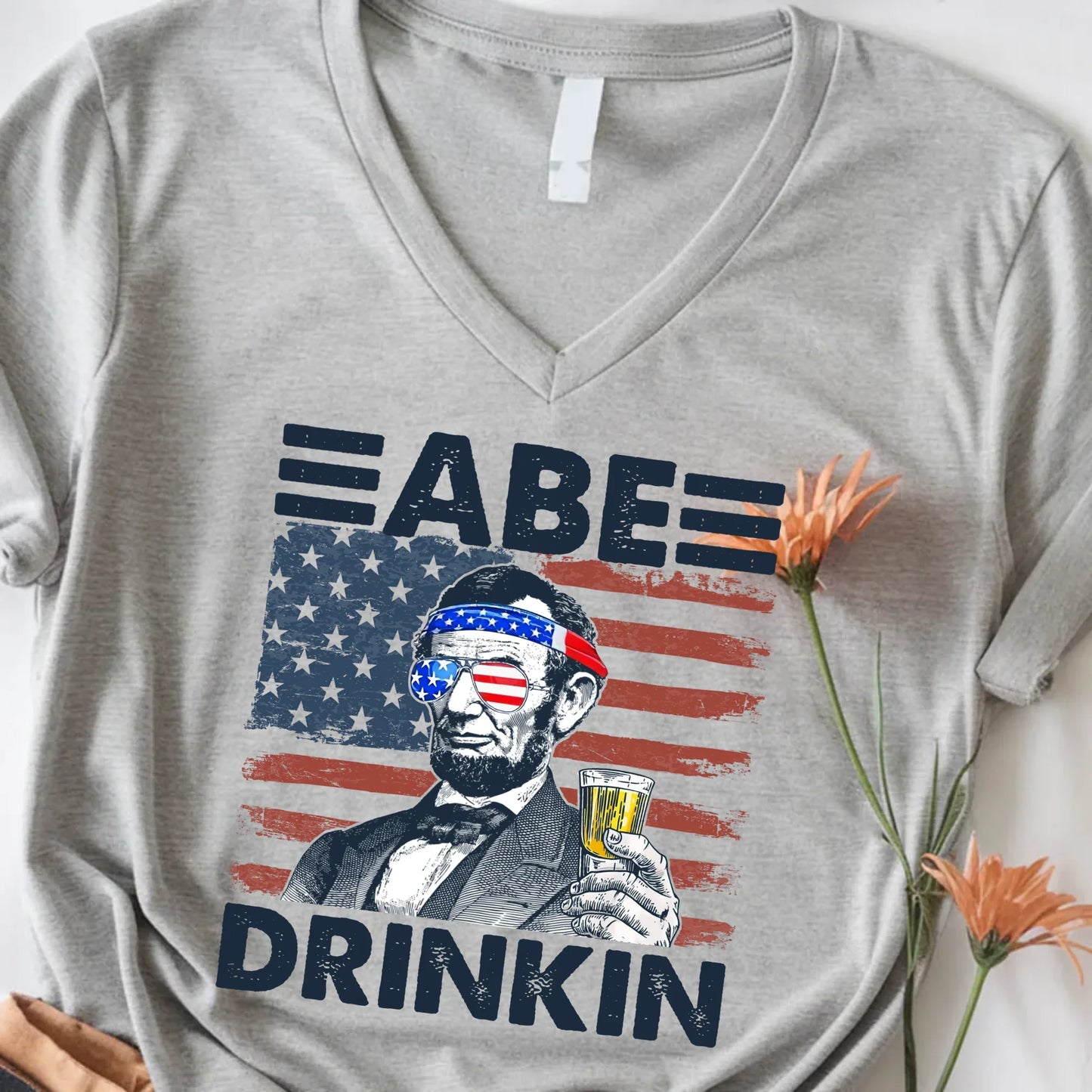 Abe Drinkin 4th of July Patriotic Unisex V-Neck Shirt Abraham Lincoln Tee