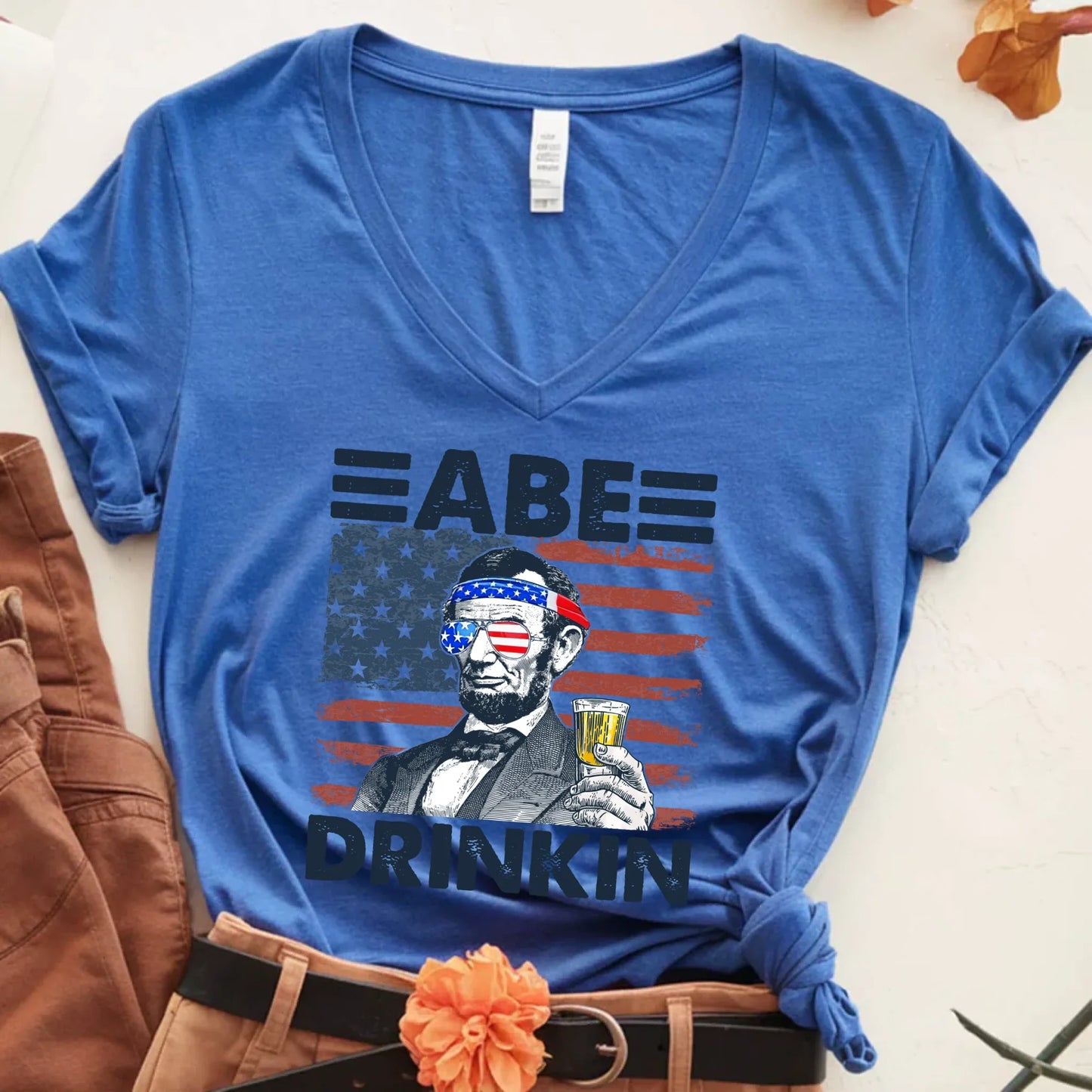 Abe Drinkin 4th of July Patriotic Unisex V-Neck Shirt Abraham Lincoln Tee