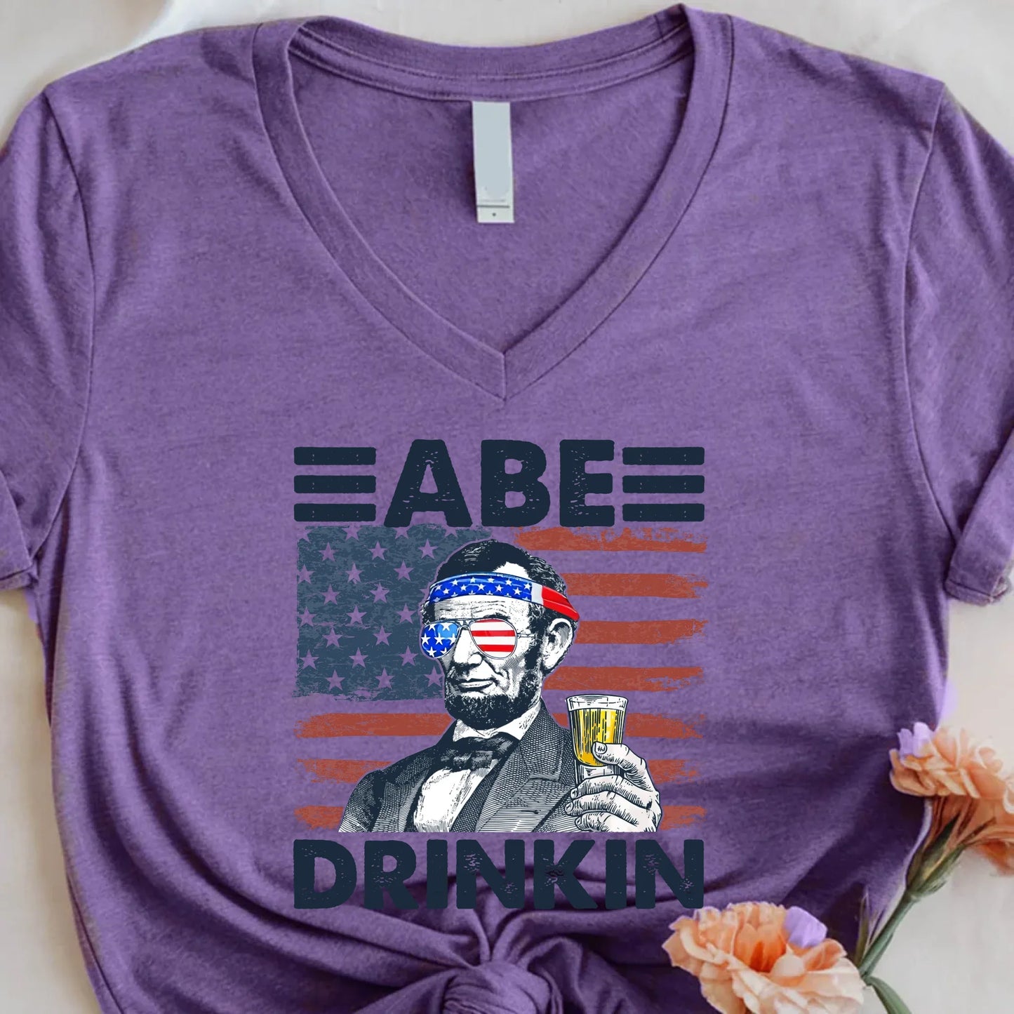 Abe Drinkin 4th of July Patriotic Unisex V-Neck Shirt Abraham Lincoln Tee