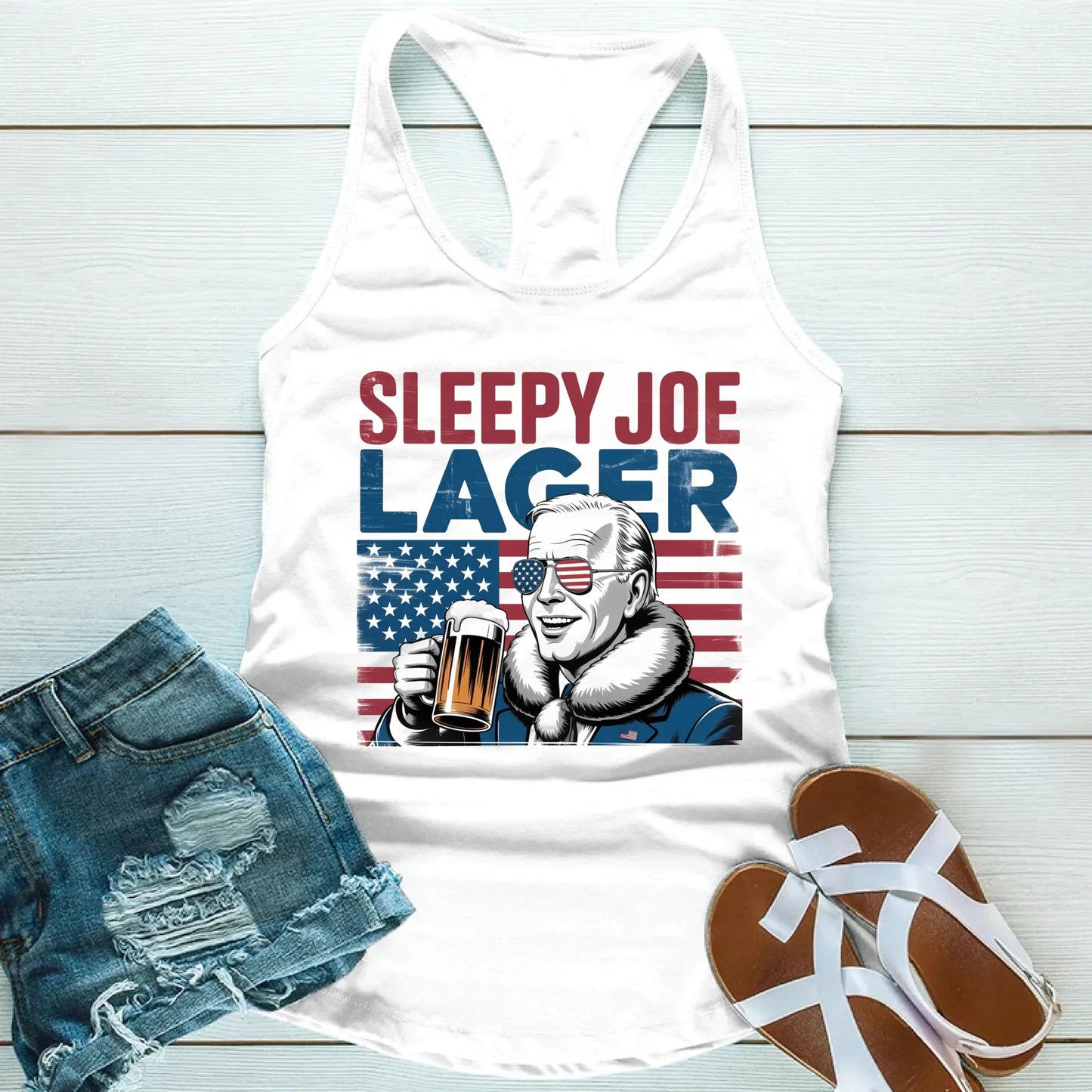 Sleepy Joe Lager Unisex Tank Top – Funny Biden-Inspired Beer Shirt for Independence Day