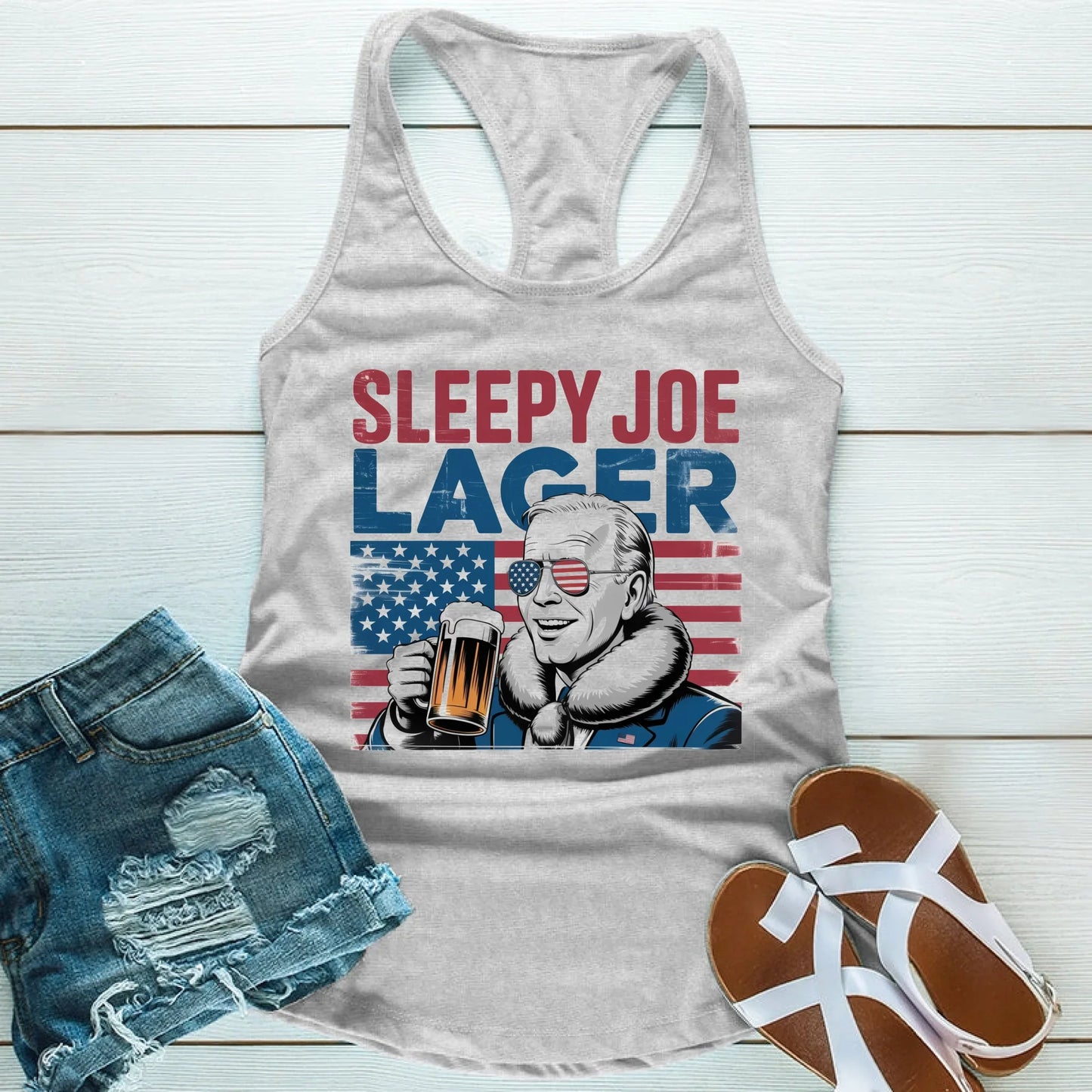 Sleepy Joe Lager Unisex Tank Top – Funny Biden-Inspired Beer Shirt for Independence Day