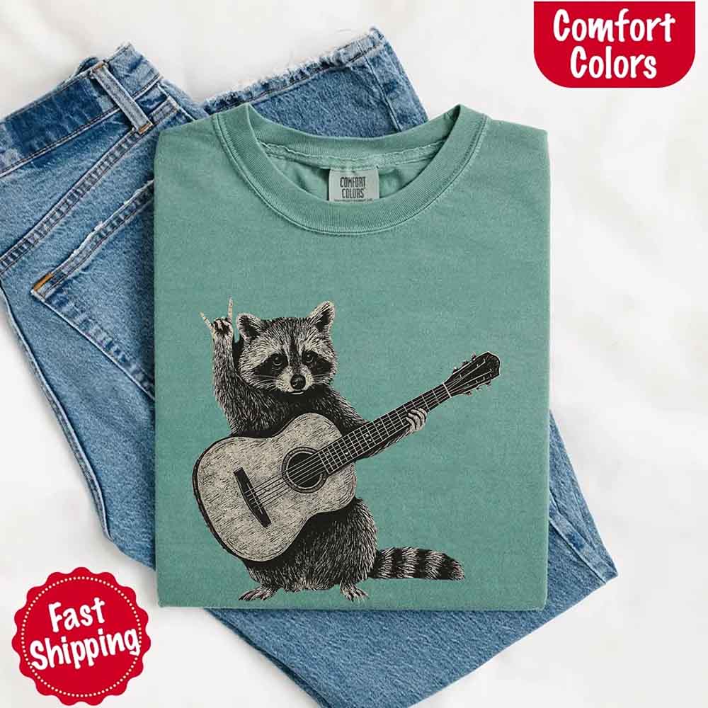 Raccoon Playing A Guitar, Funny Animals Comfort Colors T-Shirt