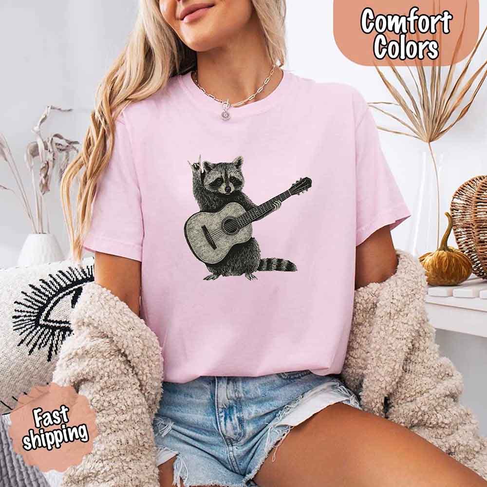 Raccoon Playing A Guitar, Funny Animals Comfort Colors T-Shirt