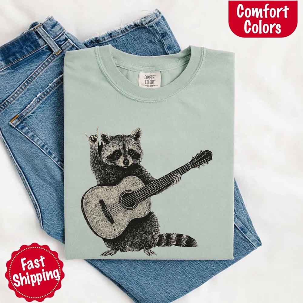 Raccoon Playing A Guitar, Funny Animals Comfort Colors T-Shirt