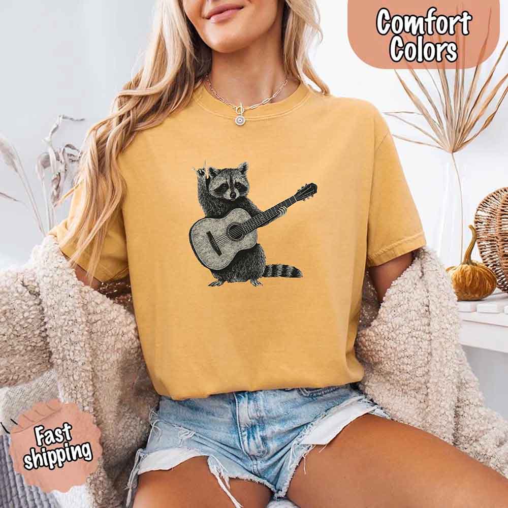 Raccoon Playing A Guitar, Funny Animals Comfort Colors T-Shirt