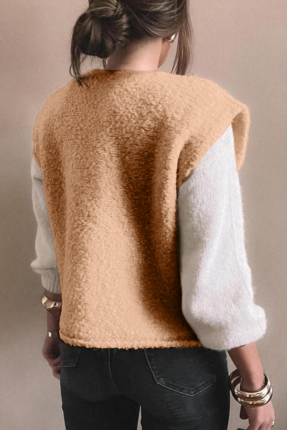 Light French Beige Fuzzy Pocket Vest Big Button Accent