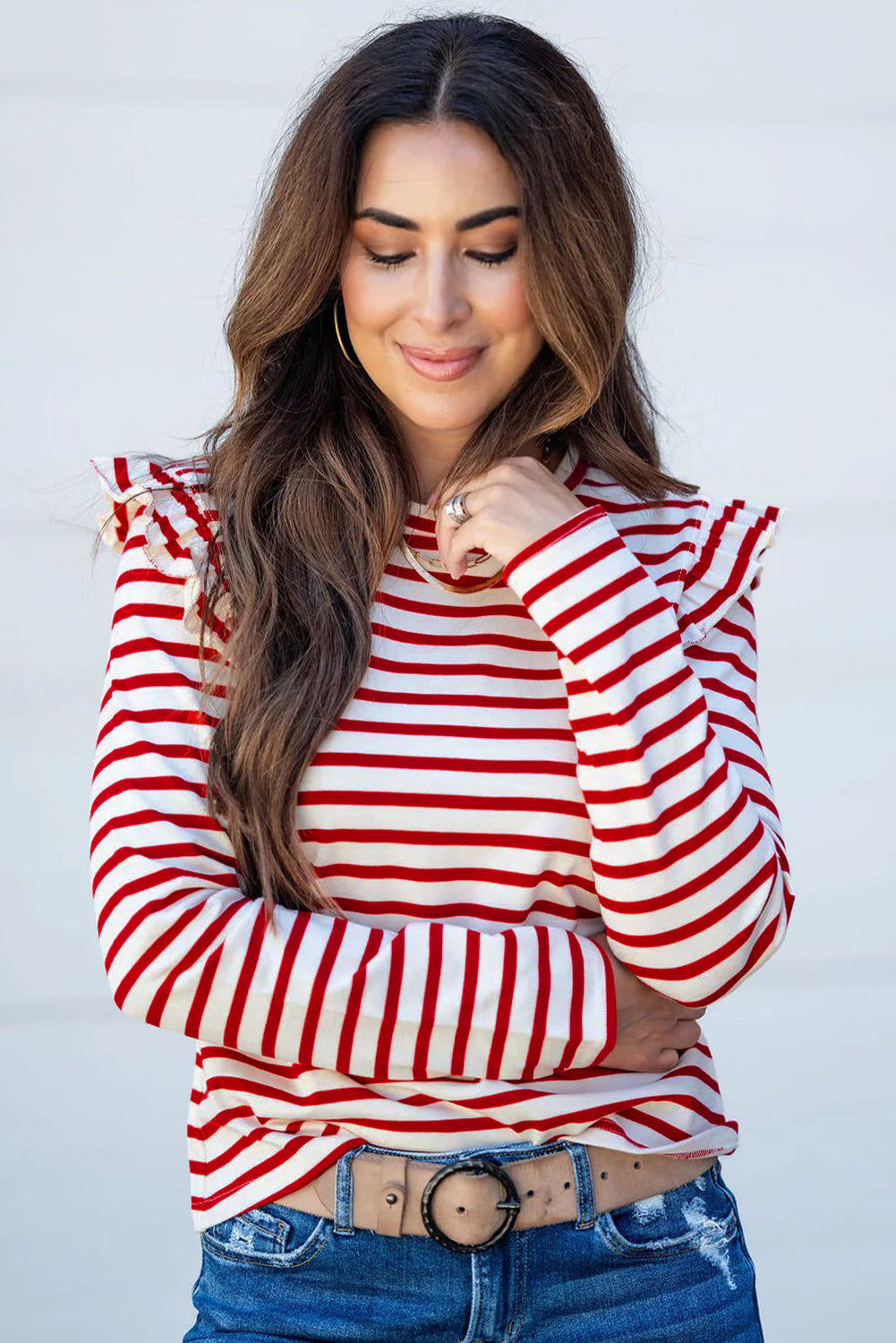 Red Stripe Ruffle Trim Long Sleeve Round Neck Top