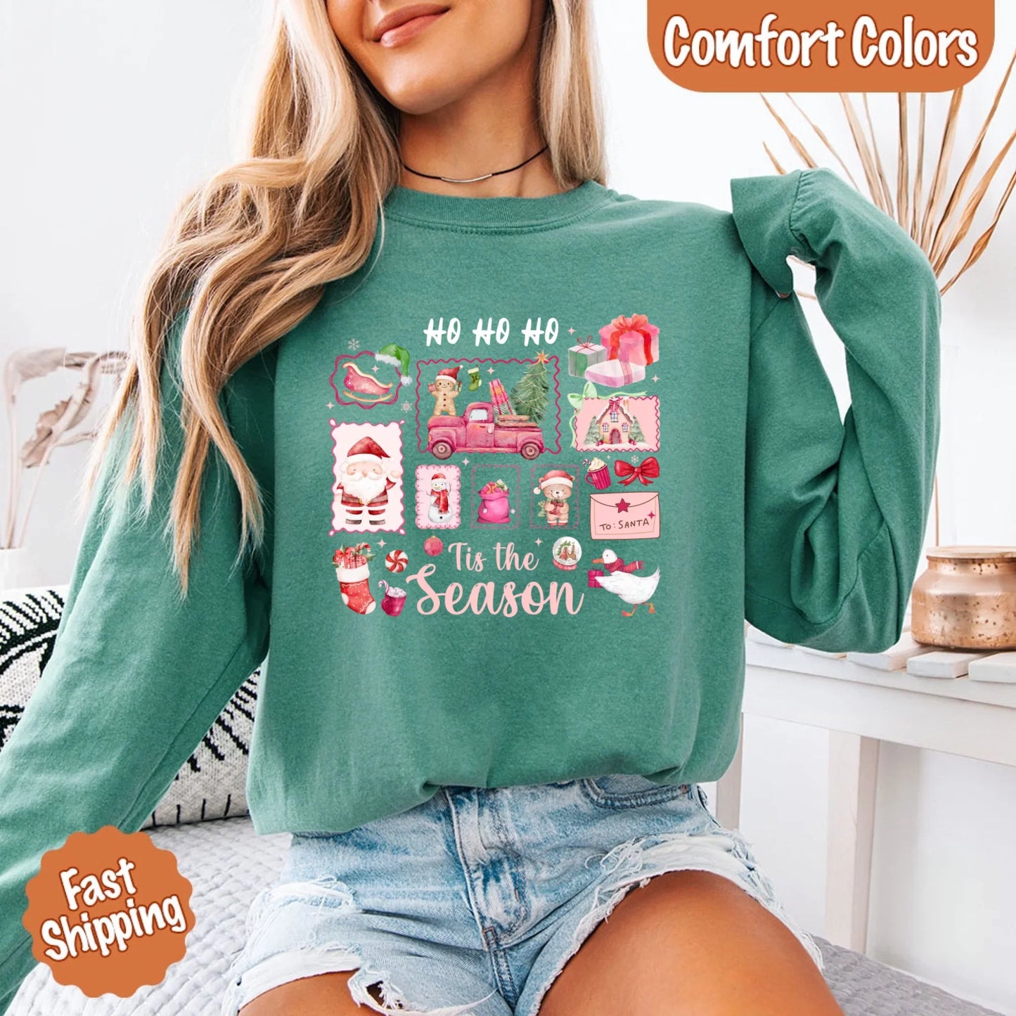 Ho Ho Ho Tis The Season Long Sleeve Christmas Shirt Comfort Colors