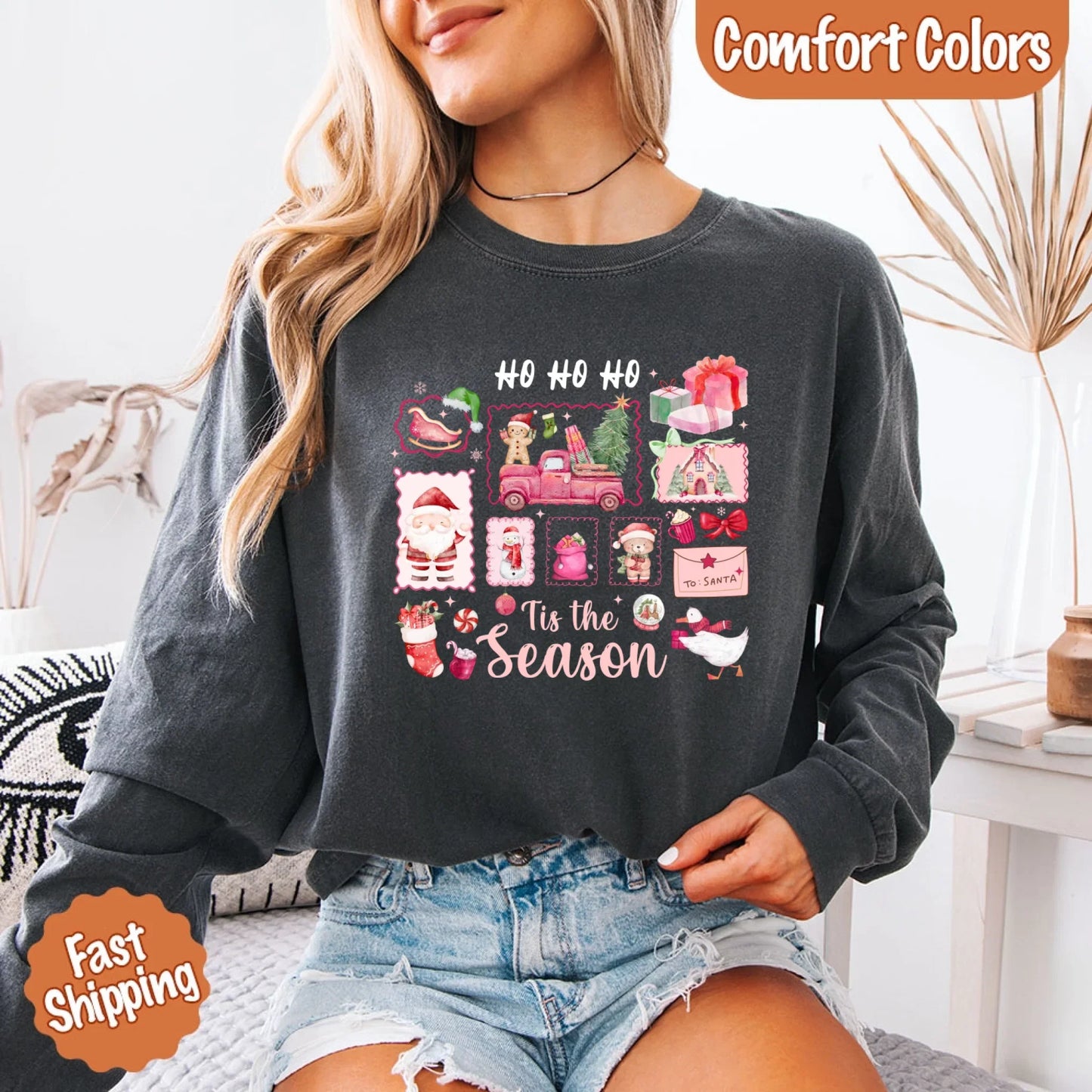 Ho Ho Ho Tis The Season Long Sleeve Christmas Shirt Comfort Colors