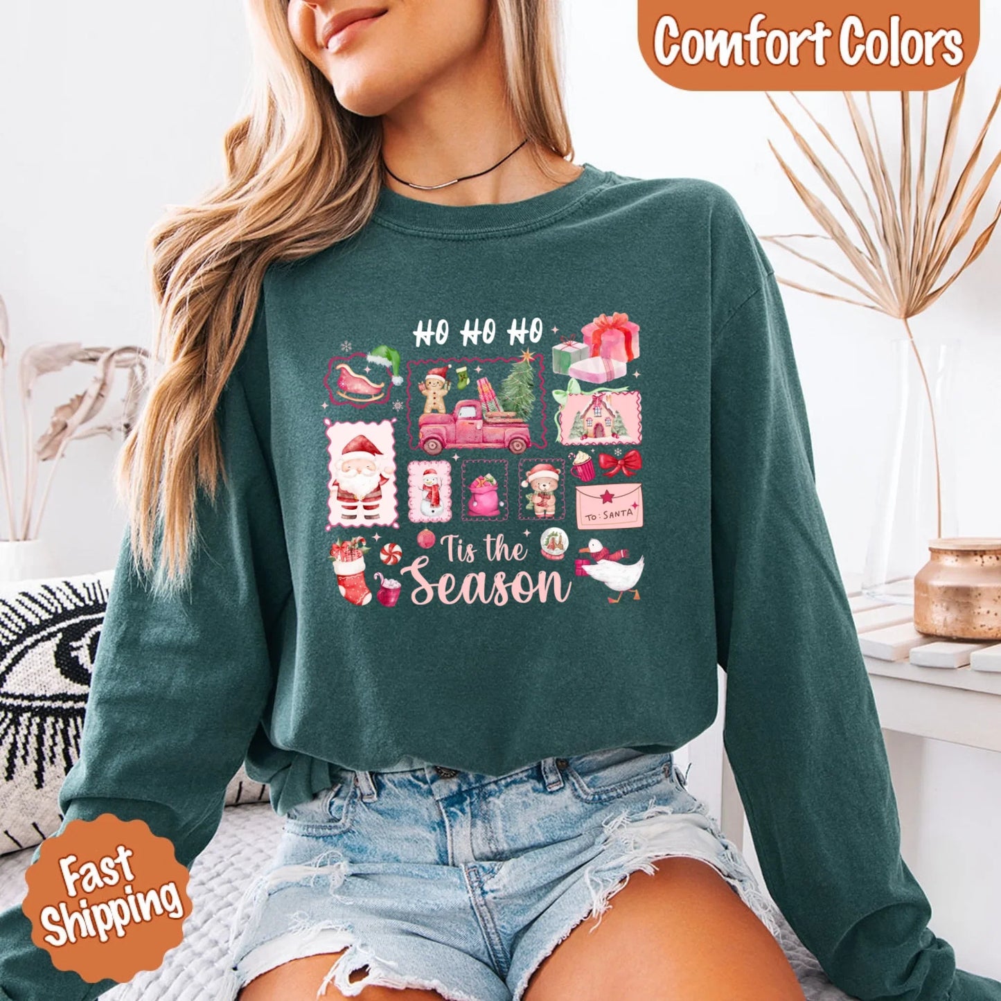 Ho Ho Ho Tis The Season Long Sleeve Christmas Shirt Comfort Colors