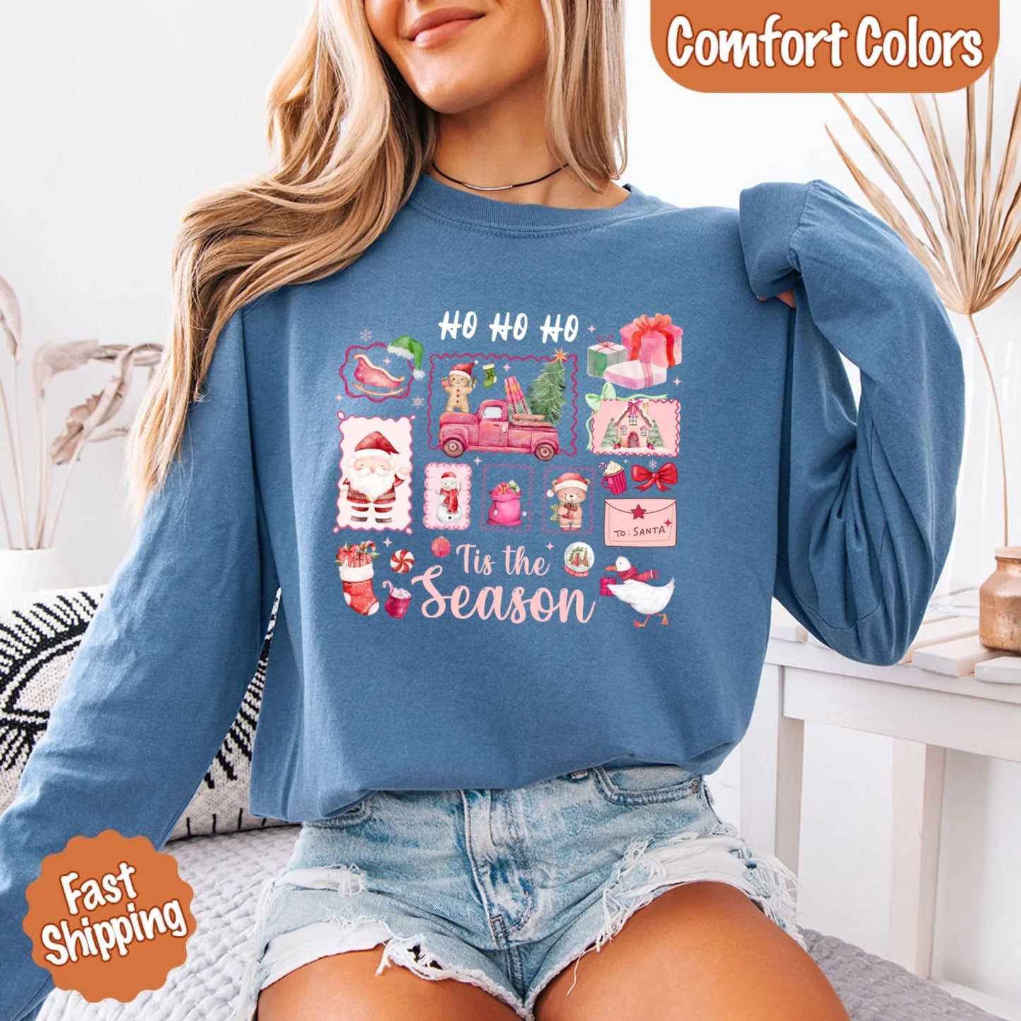Ho Ho Ho Tis The Season Long Sleeve Christmas Shirt Comfort Colors