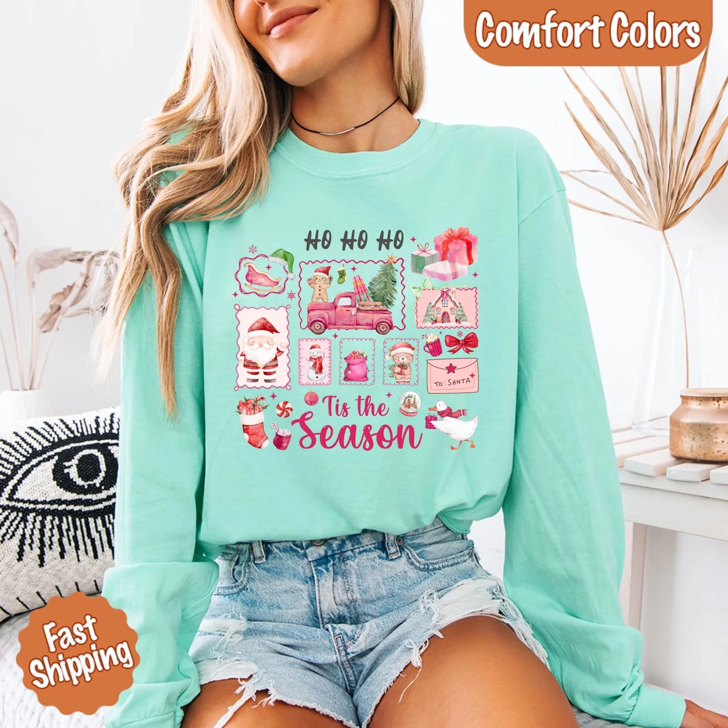 Ho Ho Ho Tis The Season Long Sleeve Christmas Shirt Comfort Colors
