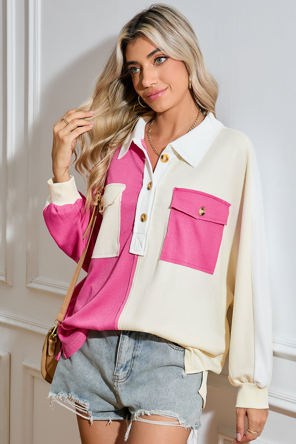 Gray Patchwork Ribbed Oversized Henley Sweatshirt