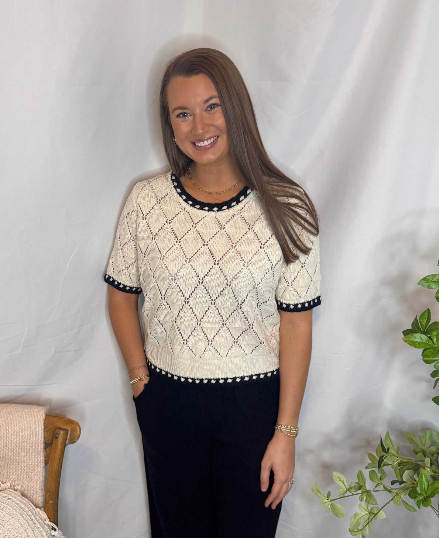 Diamond Detailing Cream Black Sweater Top Sweet Jude Boutique