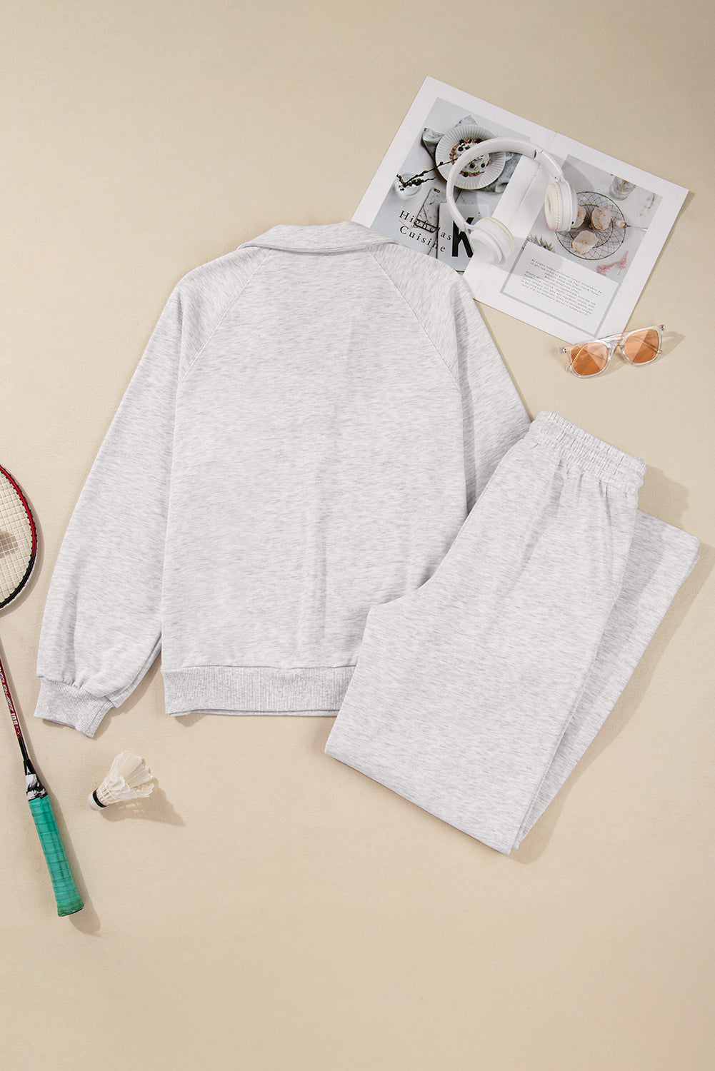 Dark Khaki V Neck Pullover and Drawstring Sweatpants Set