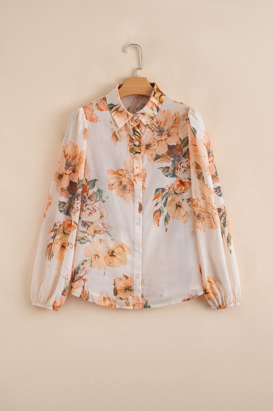 Floral Puff Sleeve Collared Shirt Light and Airy Women's Shirt