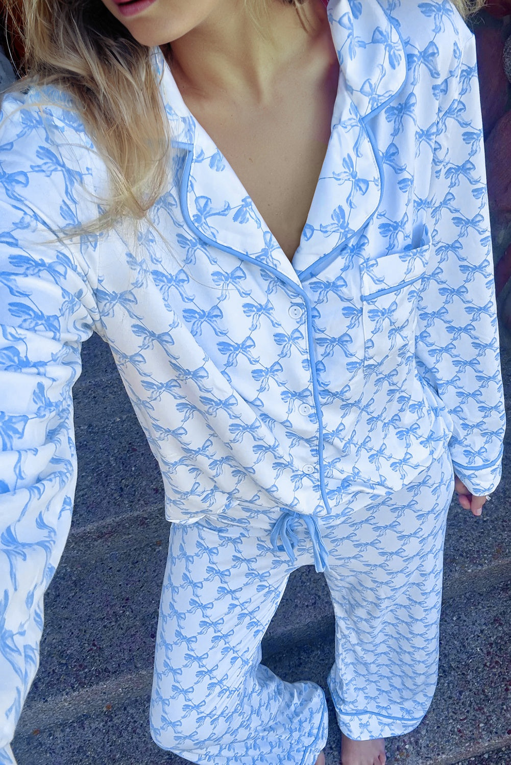 Sky Blue Bow Print Soft Pajama Set Long Sleeve Shirt and Pants