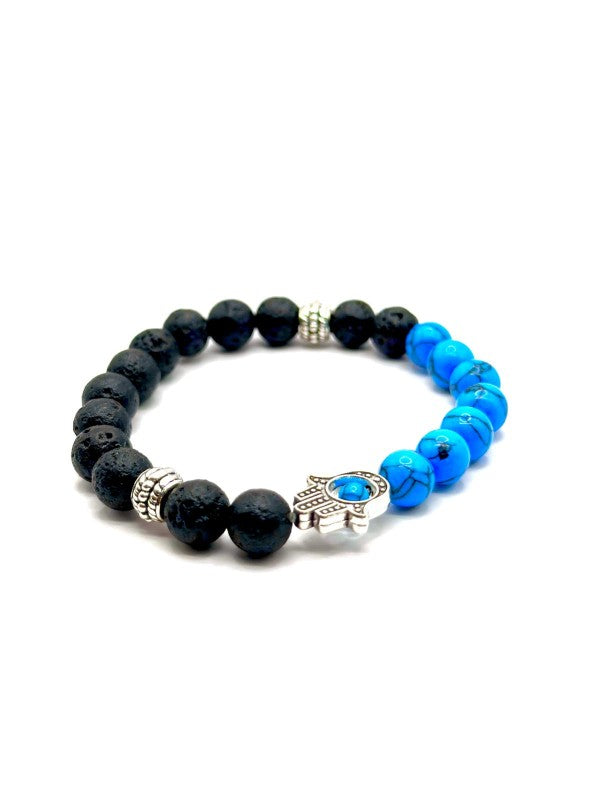 Hamsa Black Lava & Blue Howlite Beaded Bracelet The Diamond Empire LLC