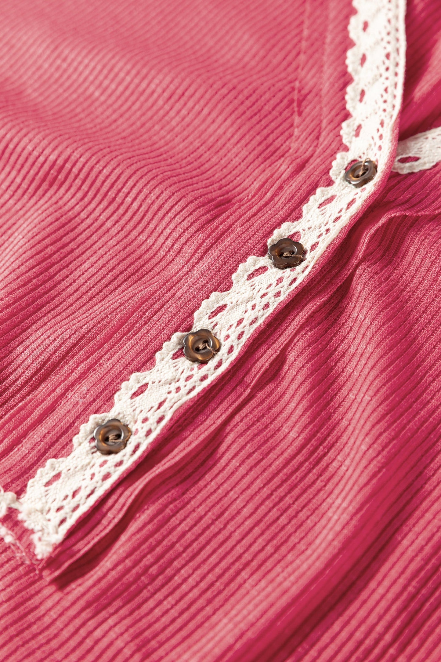Racing Red Ribbed Texture Contrast Lace Trim Long Sleeve Top