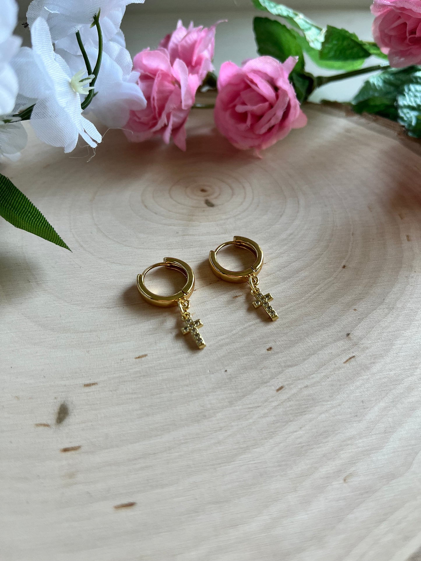 Gold Cross 18K Huggie Earrings Christian Jewelry