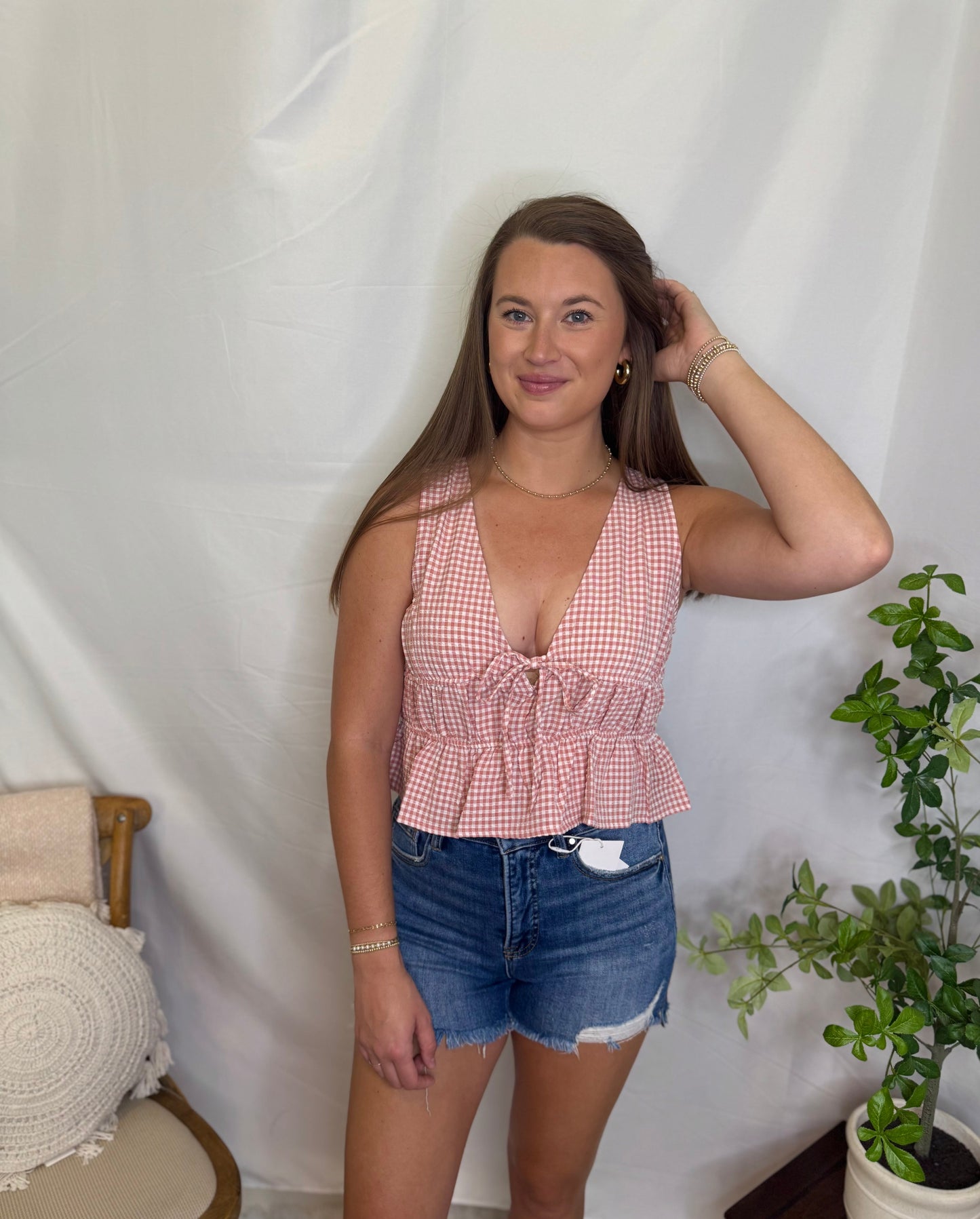 V-Neck Gingham Bow Detail Sleeveless Top Sweet Jude Boutique