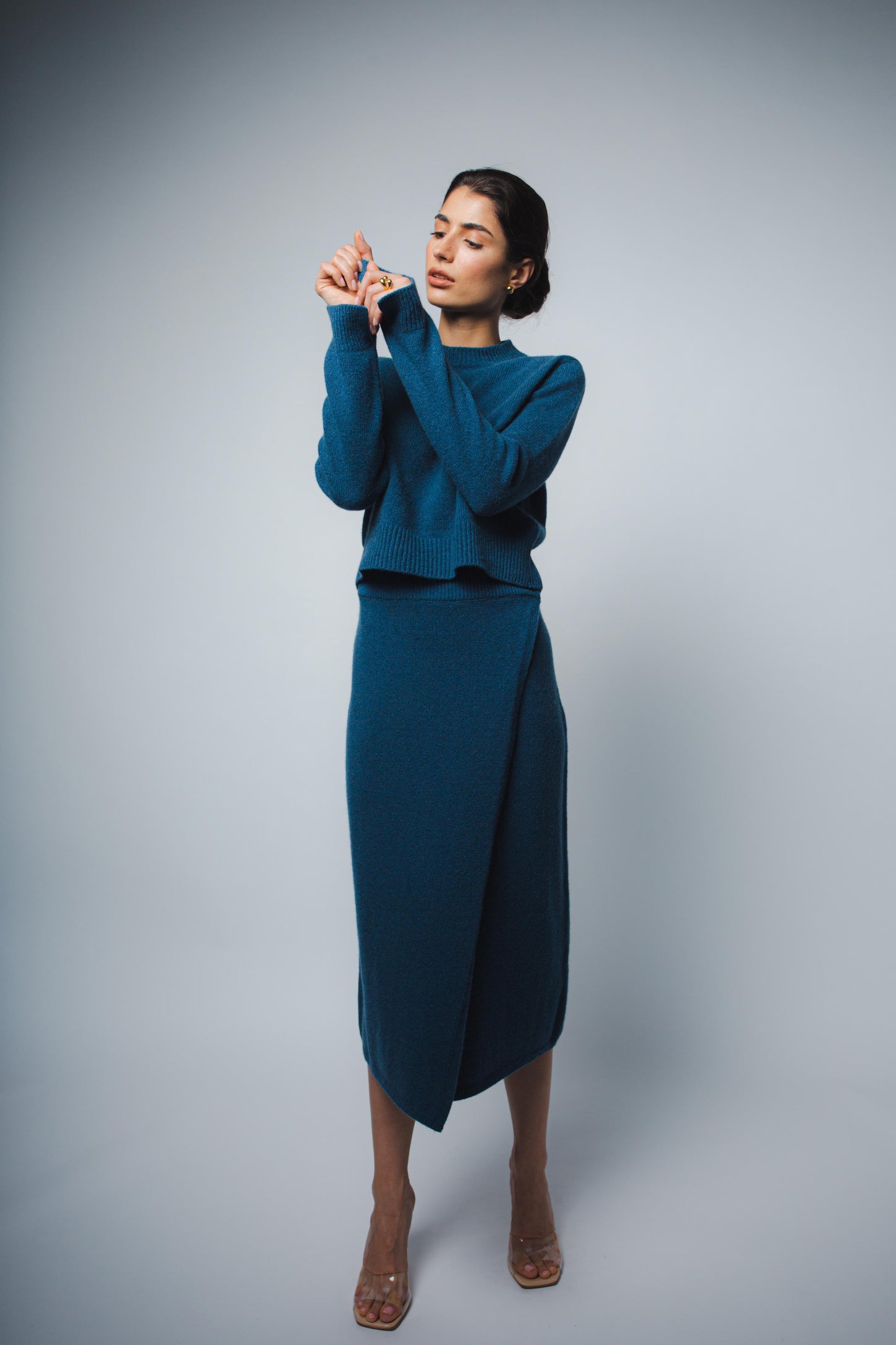 MILA CASHMERE WRAP SKIRT IN PEACOCK